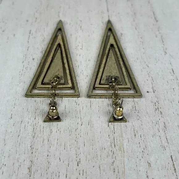 Gold Tone Tiered Triangle Cairo Dangle Earrings Black Geo Geometric Boho Jewelry - Picture 11 of 16